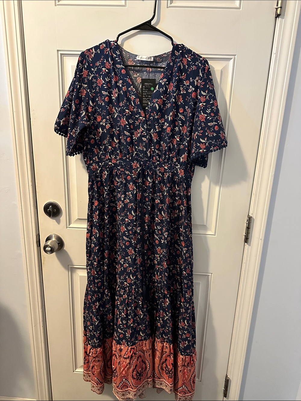Women’s Navy Floral Maxi Dress with Coral Border